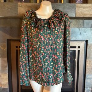 J Crew Silk Hufflepuff Academia Green Magic Mushroom Ruffle Top M